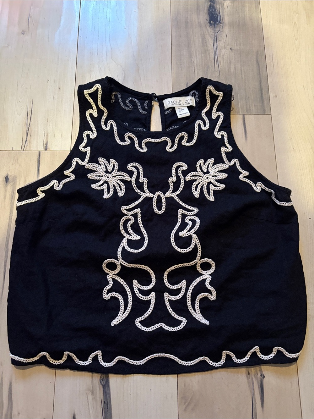Rachel Zoe Linen-Blend Black Sleeveless Top with Cream Embroidered Trim sL